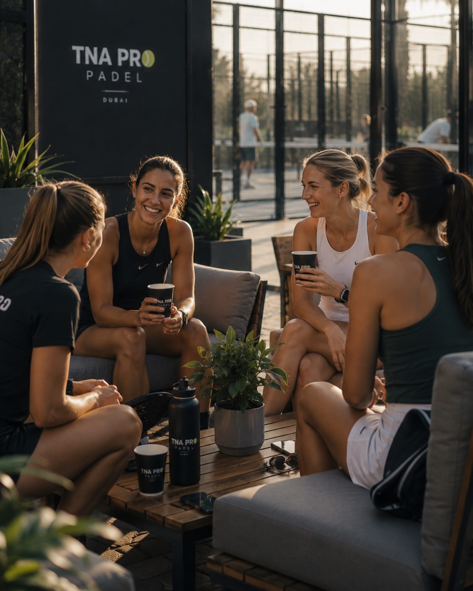 Four players relaxing with coffee in the TNA Pro Padel lounge beside the courts